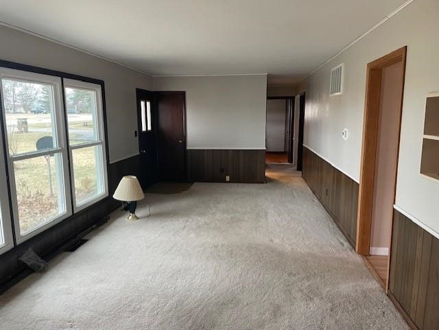 carpeted spare room with wooden walls