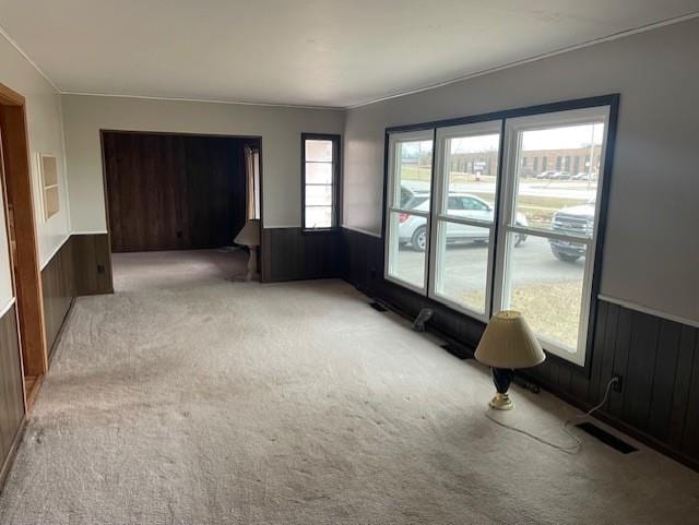 carpeted empty room featuring wood walls