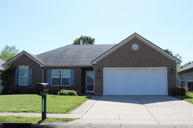 single story home with a garage, central AC, and a front yard