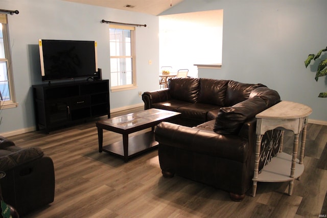 living room featuring wood-type flooring and vaulted ceiling