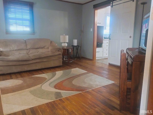 living room featuring wood-type flooring and a barn door