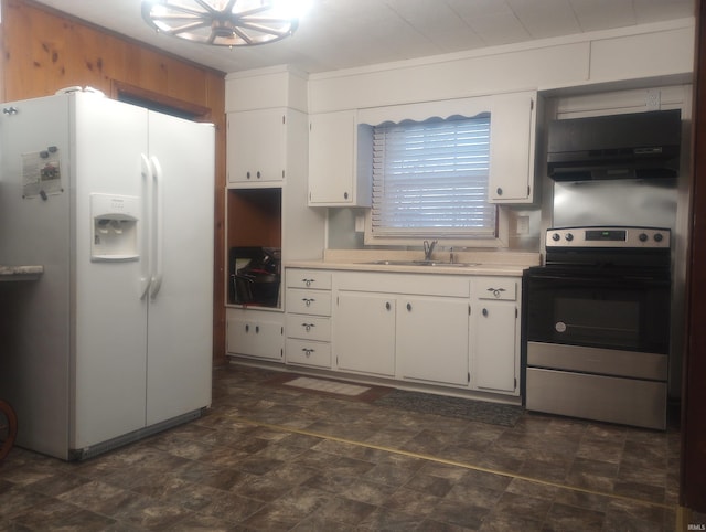 kitchen with sink, range hood, white fridge with ice dispenser, white cabinets, and stainless steel electric stove