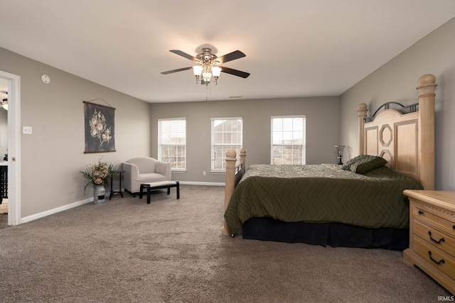 bedroom with multiple windows, carpet flooring, and ceiling fan