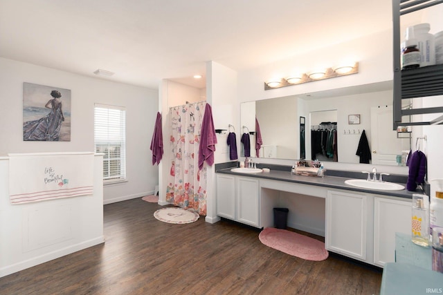 bathroom with walk in shower, vanity, and hardwood / wood-style floors