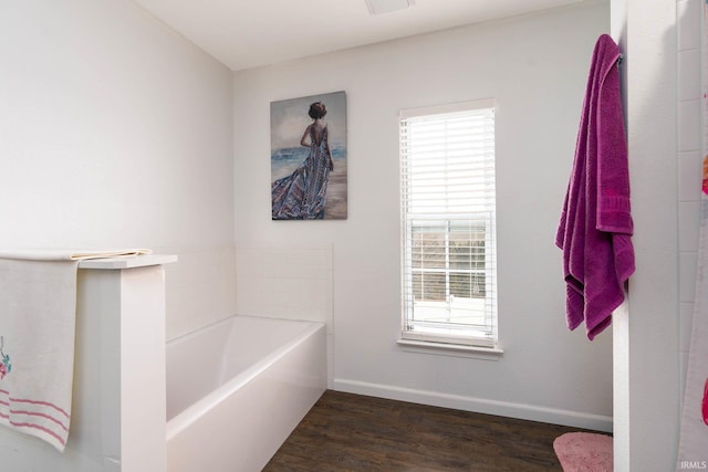 bathroom featuring hardwood / wood-style floors and a tub