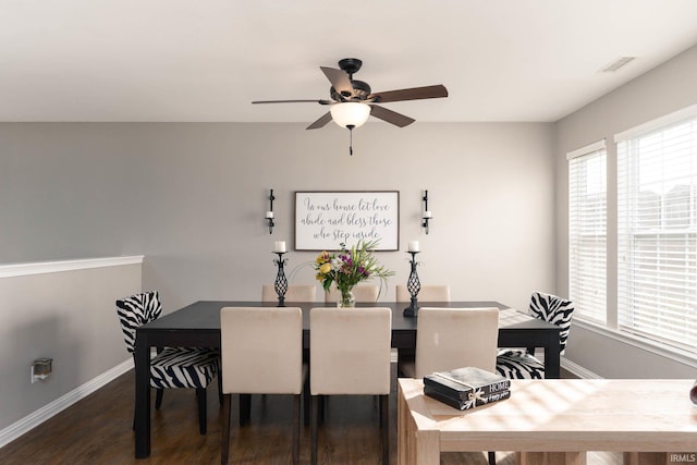 dining area featuring dark wood-type flooring and ceiling fan