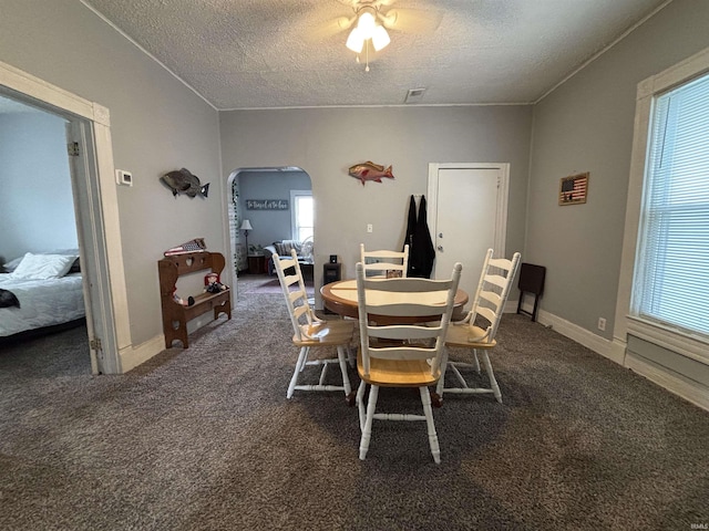 carpeted dining area featuring ceiling fan and a textured ceiling