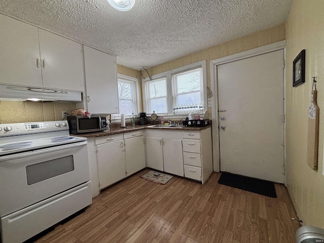 kitchen featuring sink, light hardwood / wood-style flooring, white electric stove, and white cabinets