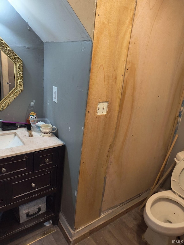 bathroom featuring hardwood / wood-style flooring, vanity, and toilet