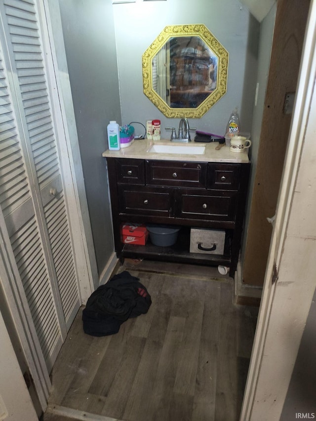 bathroom featuring vanity and hardwood / wood-style floors