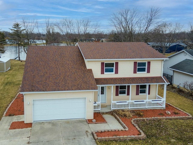 view of front of home with a garage, a front yard, and covered porch