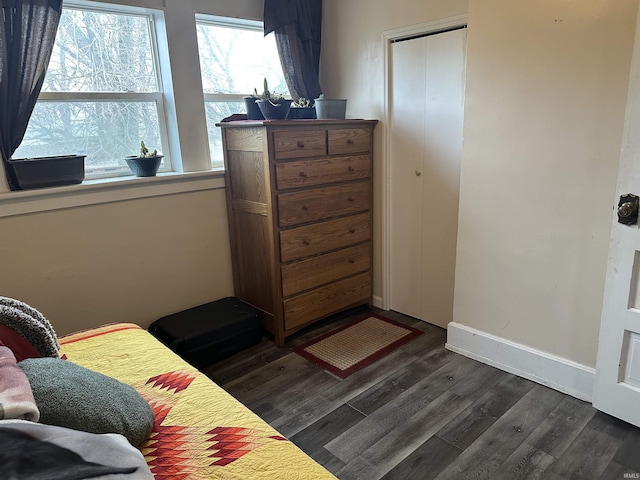 bedroom with dark hardwood / wood-style flooring