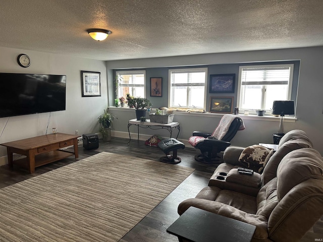 living room featuring hardwood / wood-style flooring and a textured ceiling