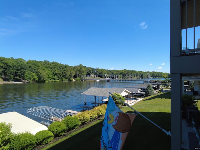 dock area with a yard and a water view