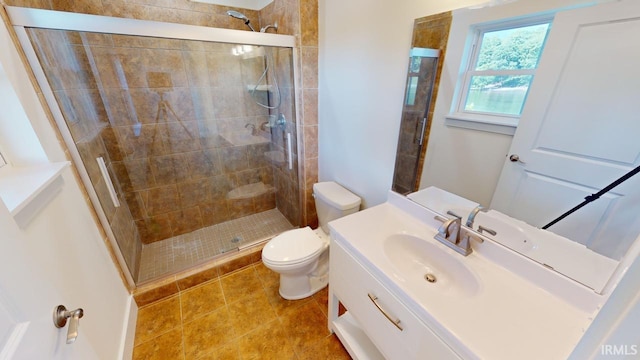 bathroom with vanity, toilet, and a shower with shower door