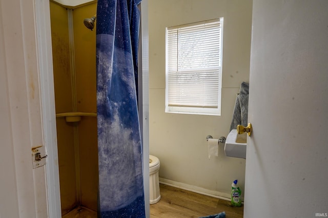 bathroom with hardwood / wood-style flooring and toilet