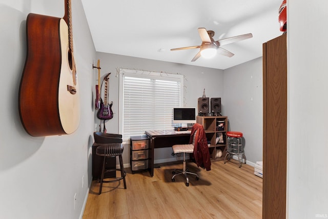 office area featuring ceiling fan and light hardwood / wood-style floors