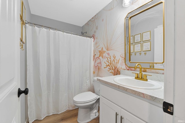 bathroom featuring vanity, hardwood / wood-style floors, and toilet