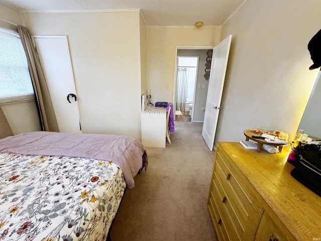 carpeted bedroom featuring ornamental molding