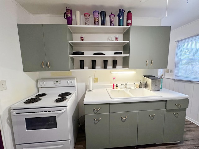 kitchen with sink, dark hardwood / wood-style flooring, and white range with electric cooktop