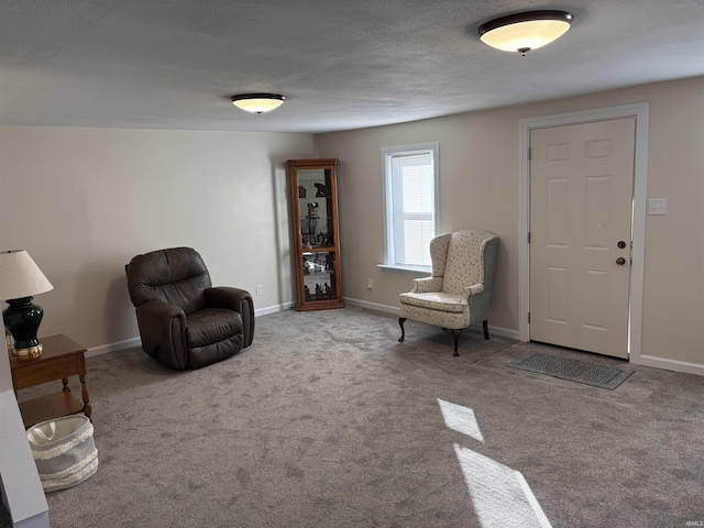 sitting room with a textured ceiling and carpet flooring