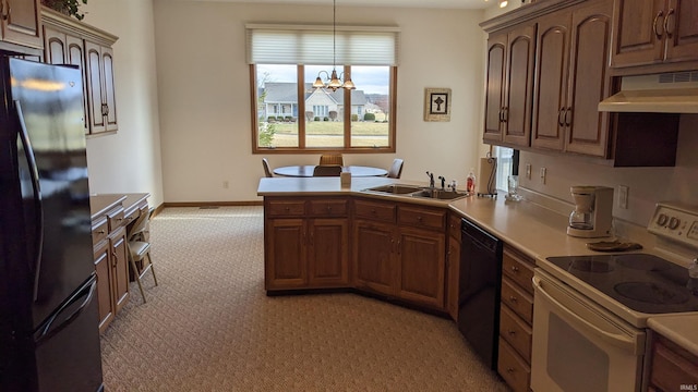 kitchen featuring sink, refrigerator, dishwasher, a notable chandelier, and white range with electric stovetop