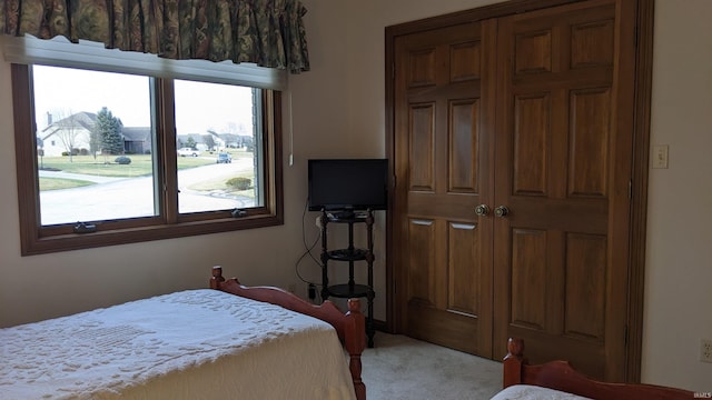 bedroom with light carpet