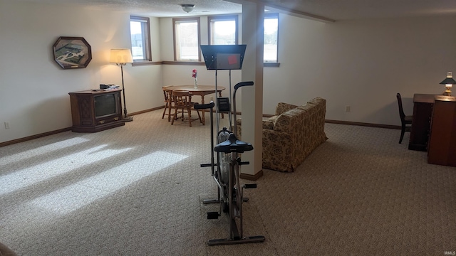 exercise area with carpet flooring and a textured ceiling