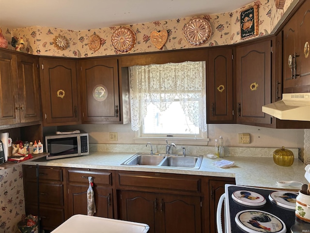 kitchen featuring dark brown cabinetry, sink, and stove