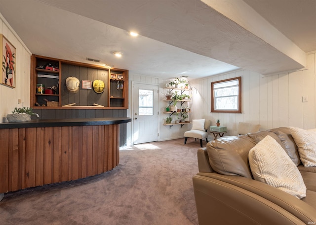 bar featuring plenty of natural light and dark carpet