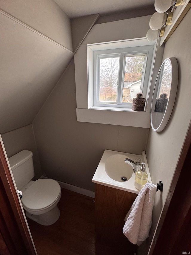 bathroom with vanity, vaulted ceiling, hardwood / wood-style floors, and toilet