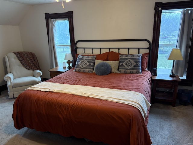 bedroom featuring vaulted ceiling and carpet floors