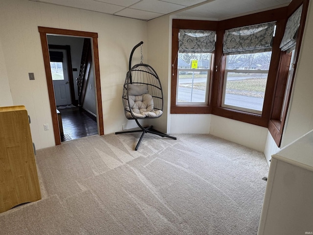 empty room with carpet flooring and a paneled ceiling