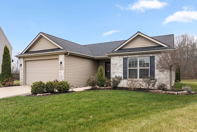 single story home featuring a garage and a front lawn