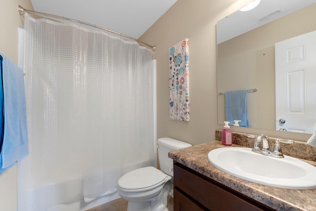 full bathroom featuring vanity, shower / bath combination with curtain, and toilet