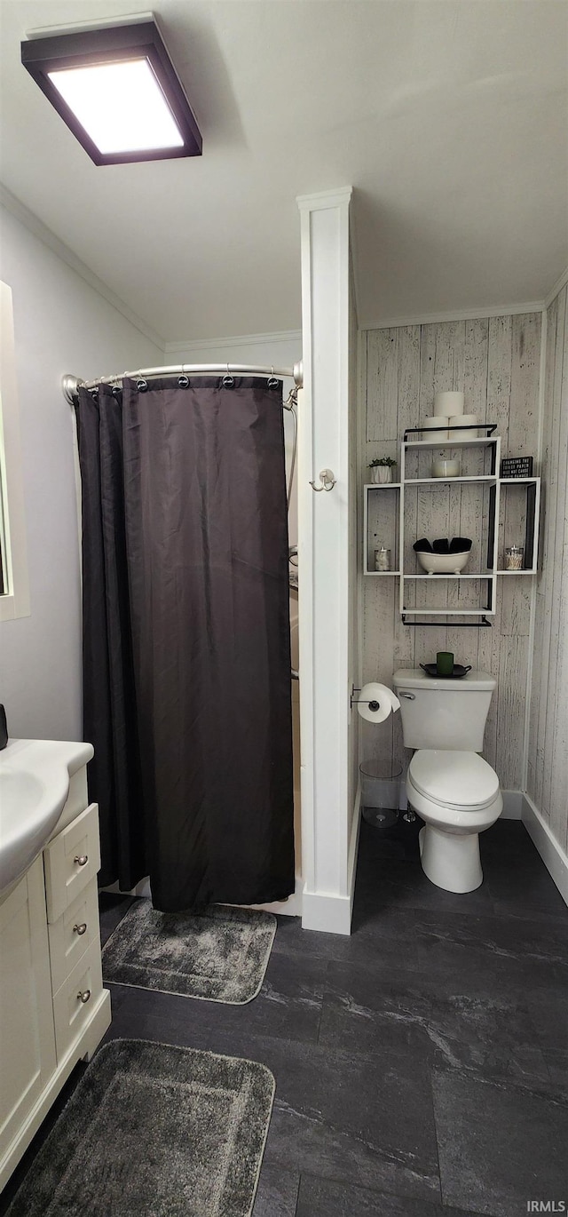 bathroom featuring vanity, wood-type flooring, toilet, and a shower with shower curtain