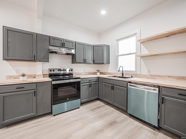 kitchen featuring gray cabinets, a sink, open shelves, under cabinet range hood, and stainless steel appliances