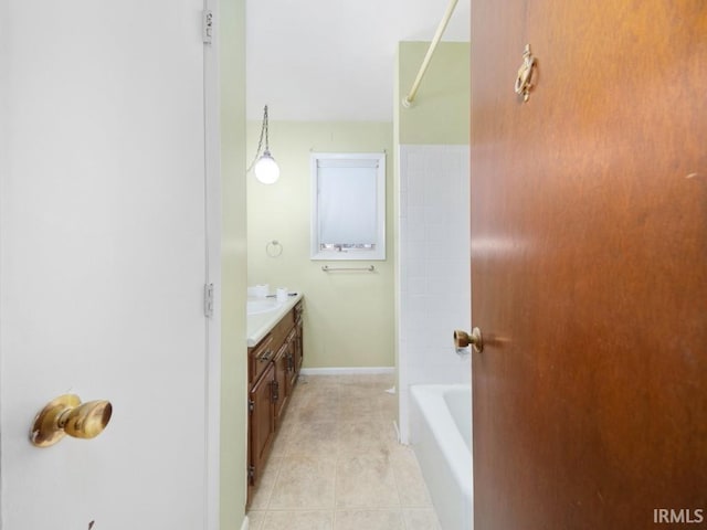 bathroom featuring tile patterned flooring, vanity, and bathtub / shower combination