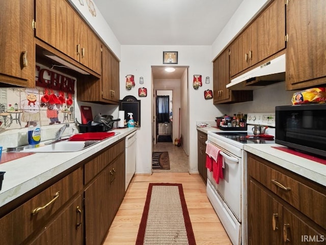 kitchen featuring sink, white appliances, and light hardwood / wood-style flooring