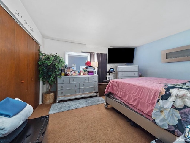 bedroom with light colored carpet and a closet