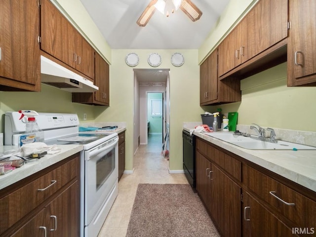 kitchen with sink, light tile patterned floors, ceiling fan, white range with electric cooktop, and black dishwasher