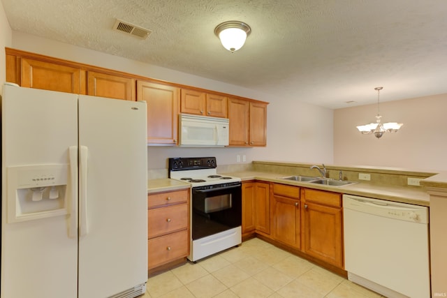 kitchen with sink, a textured ceiling, hanging light fixtures, a notable chandelier, and white appliances