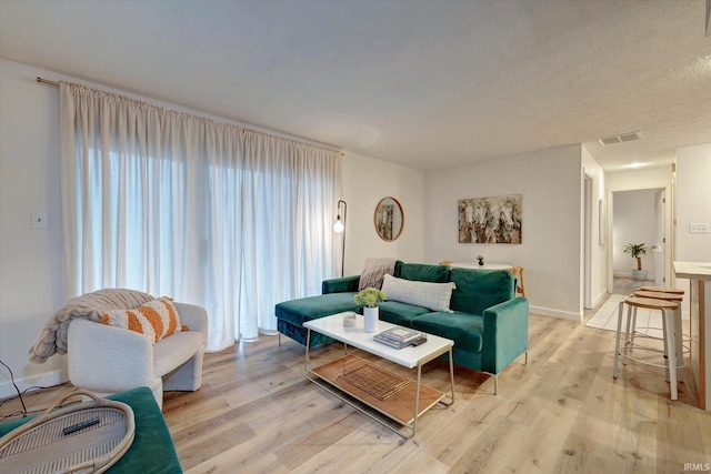 living room with a textured ceiling and light hardwood / wood-style floors