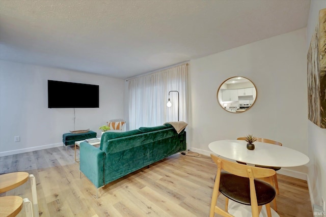 living room with a textured ceiling and light hardwood / wood-style flooring