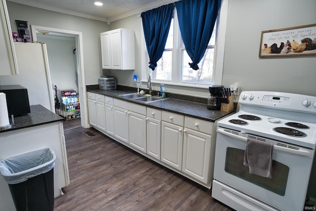 kitchen featuring dark hardwood / wood-style floors, white cabinetry, sink, white range with electric cooktop, and crown molding