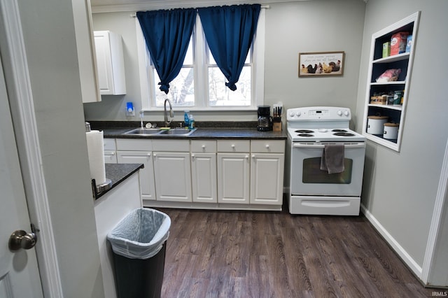 kitchen with dark hardwood / wood-style flooring, sink, white electric range, and white cabinets