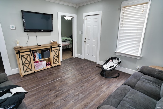 living room with crown molding, a healthy amount of sunlight, and dark hardwood / wood-style floors