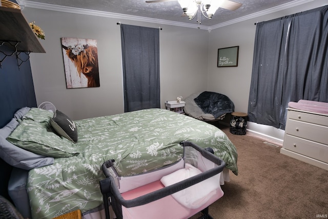 bedroom featuring crown molding, ceiling fan, carpet floors, and a textured ceiling