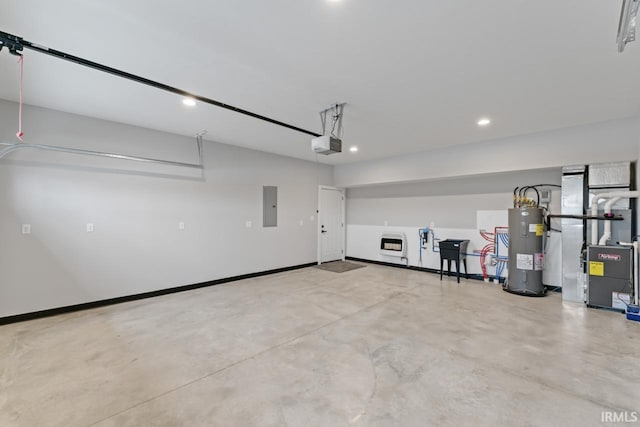 garage featuring a garage door opener, electric water heater, heating unit, and electric panel