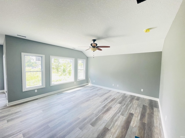 interior space featuring lofted ceiling, a textured ceiling, and light wood-type flooring